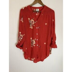 Fig & Flower XL Anthropologie Embroidered Tunic Top Blouse Red Boho Peasant